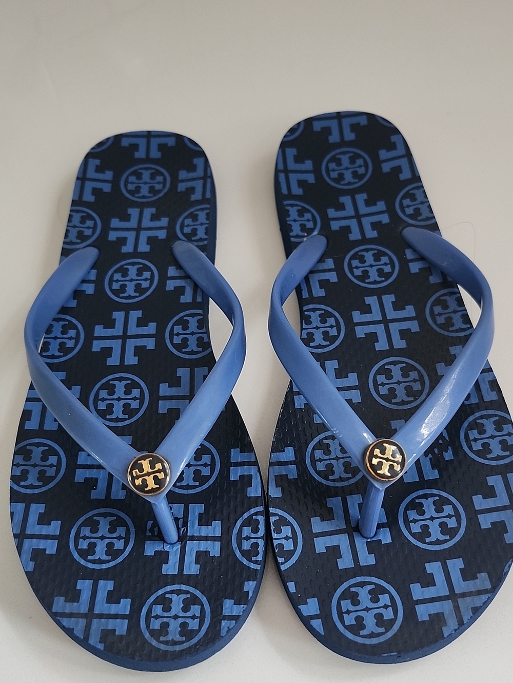 Tory Burch Blue Logo Pattern Flip Flop Sandals